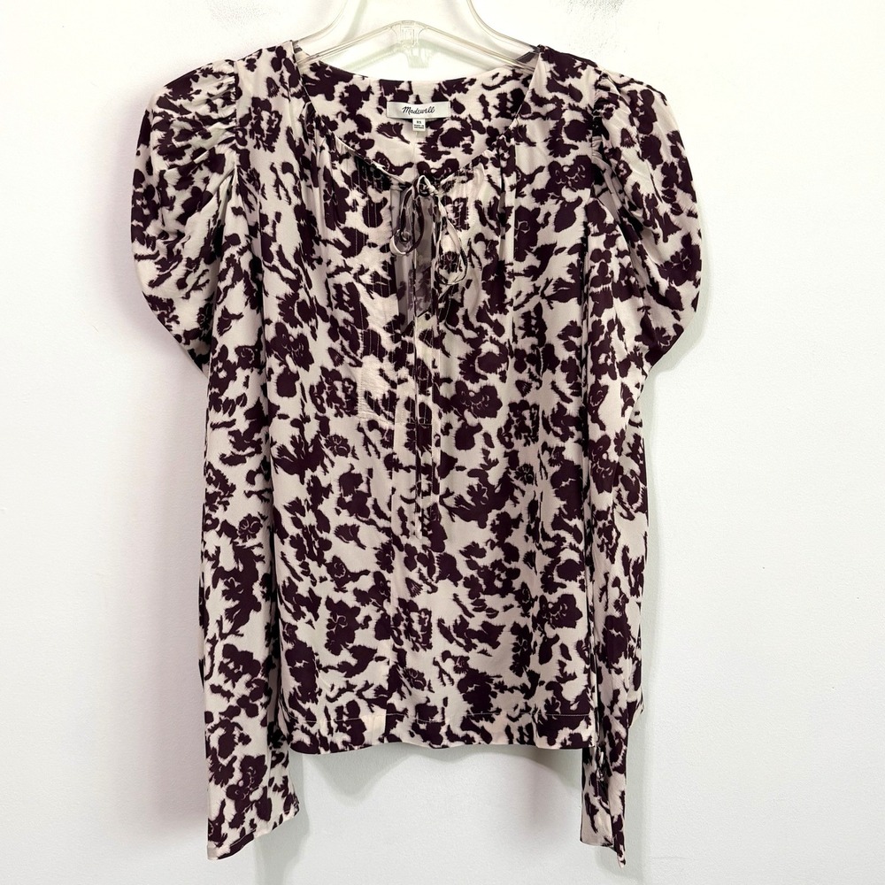 Madewell Draped Tie Front Top XS Chocolate Raisin Floral Mullett Sleeve Boho NEW